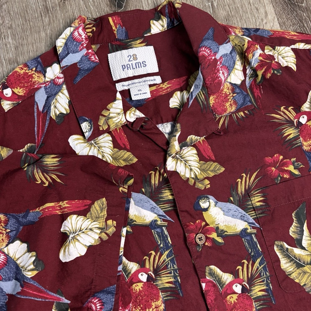 28 Palms Shirt Mens XXL Hawaiian Button Front Parrots Burgundy Short Sleeve
